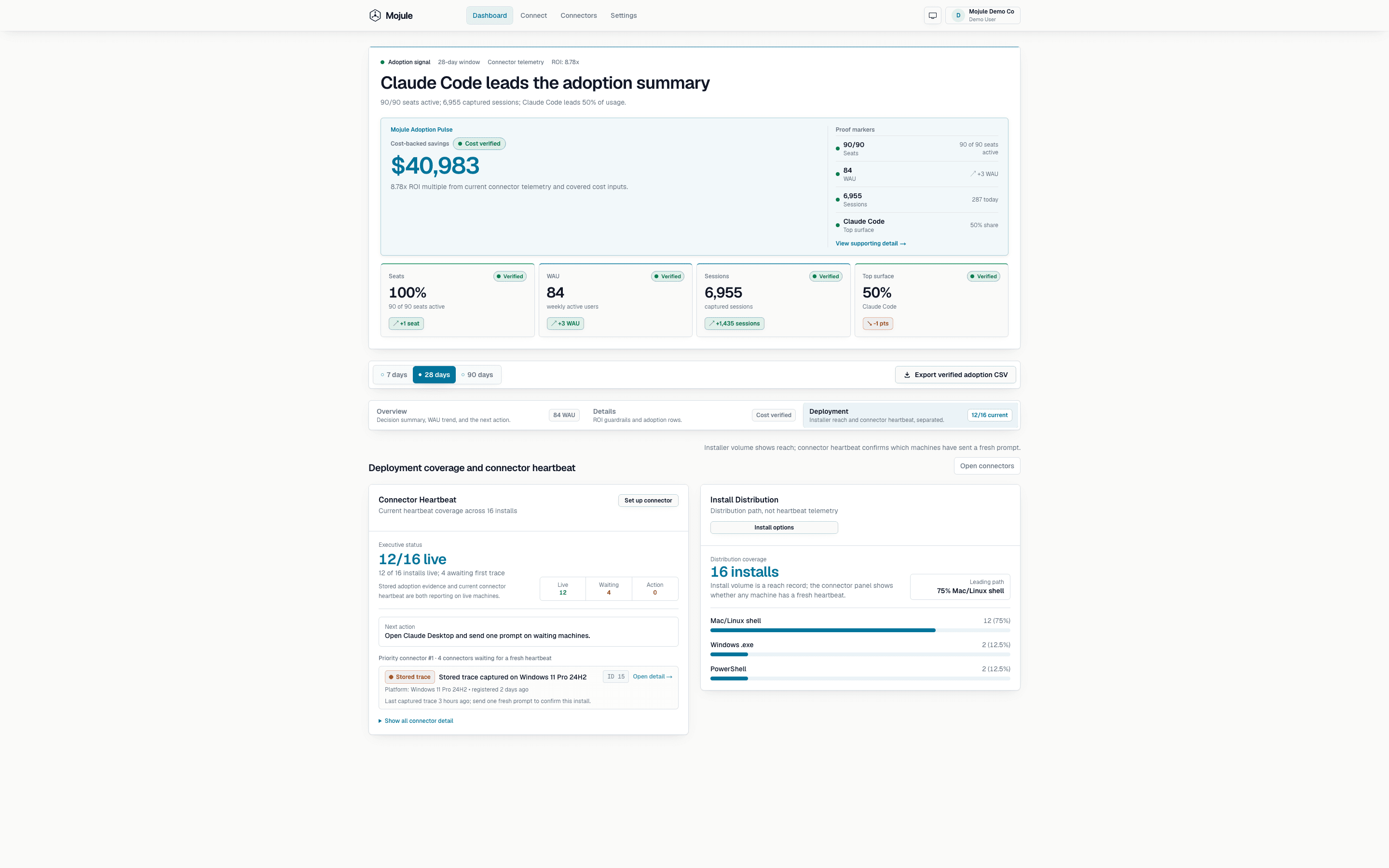Mojule dashboard deployment tab showing connector heartbeat and installed machine status.